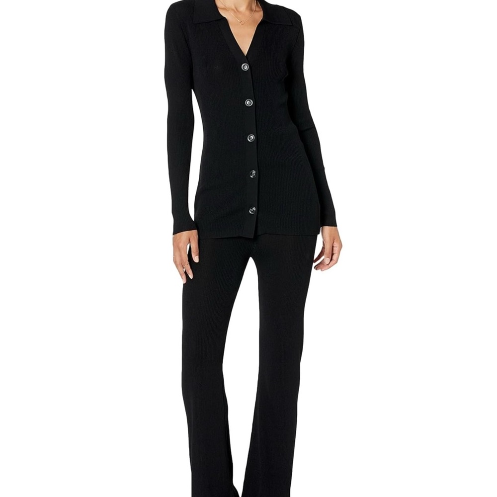 The Drop Ribbed Button Down Shirt and Pant Set in Black